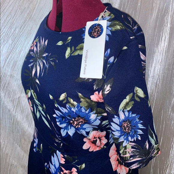 Vint@ge Future XL Blue Floral Flowy Sun Dress - Picture 2 of 3